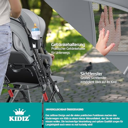 KIDIZ® Kinderwagen Kinderbuggy klappbar Liegebuggy Sportwagen Faltbar 360° Räder 5-Punkt Gurt Inkl. Fußsack, Getränkehalter, Regenabdeckung & Moskitonetz verstellbare Rückenlehne & Sonnenverdeck