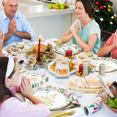 QZYL 96 Pcs Christmas Plates and Napkins Sets, Disposable 9" and 7" Merry Christmas Plates Sets Serves 24, Paper Green Gold Xmas Dinnerware Set Party Supplies for Xmas Winter Dinner Dessert Party – Image 8