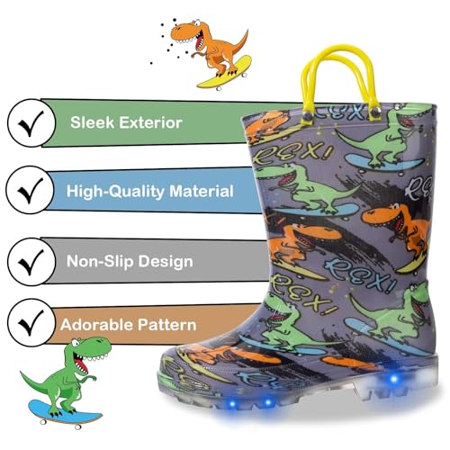 Toddler Kids Rain Boots Boys Girls Light Up Waterproof Boot with Handles2