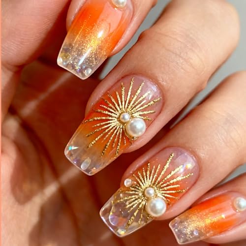 Summer Press on Nails Medium Square Orange Fake Nails with Gold Sun Pearl Charms Design Gold Glitter Sunshine Glue on False Nail Summer French Tip Artificial Stick on Nail for Women 24Pcs