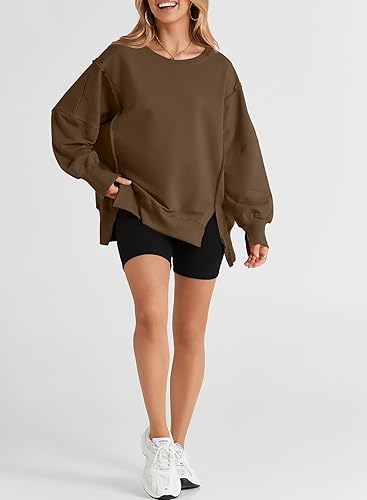 Miniatura 6 de SHEWIN Sudadera de gran tamaño con costuras inversas para mujer, casual, manga larga, ligera, holgada, cuello redondo