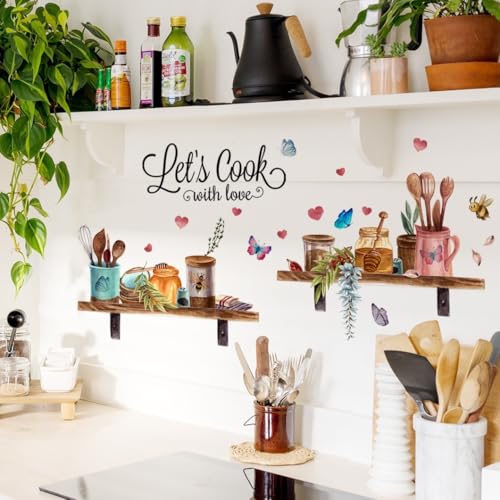 WandSticker4U®- Stickers muraux USTENSILES de CUISINE roses (70x50 cm) I Autocollant mural citation amour rétro vintage I Déco murale armoire de cuisine, frigo, salle...