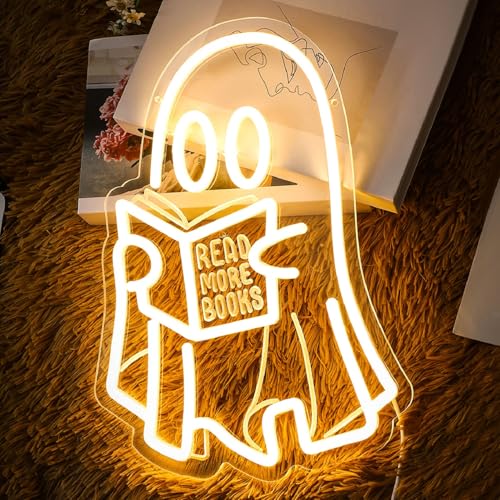 Image of Retisee Ghost Reading Book Lamp Reading Ghost Neon Sign LED Room Hanging Sign Book Neon Light for Bedroom Home Library Read Club Kids Room Store Lover Gifts