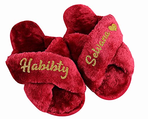 Personalized Cozy Slipper - Red Pink Black - Your Name Monogram Fluffy Bridesmaid Bachelorette Birthday Sleepover Bridal Shower Wedding Gift