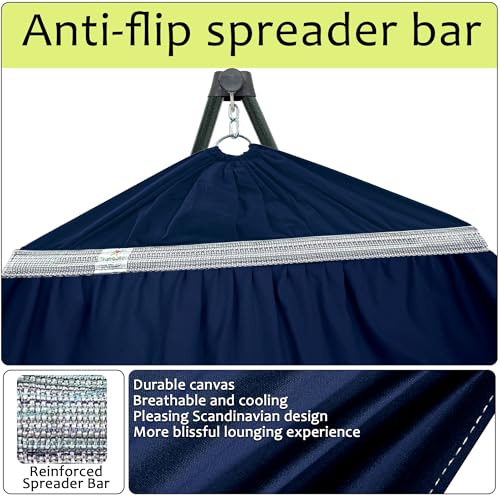 Image of Tranquillo Ultimate Relaxation Portable Hammock Stand with Cotton Canvas Net, Spreader Bar, Quick Fold Unfold in 30 Seconds Steel Frame Hammock 600 lbs Capacity Outdoor, Navy