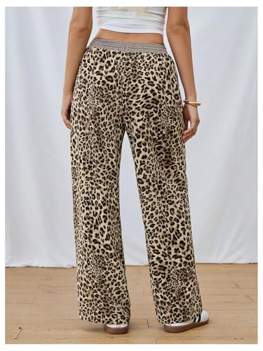 Floerns Women's Plaid Elastic Waist Straight Leg Trousers Leopard Print Pants4