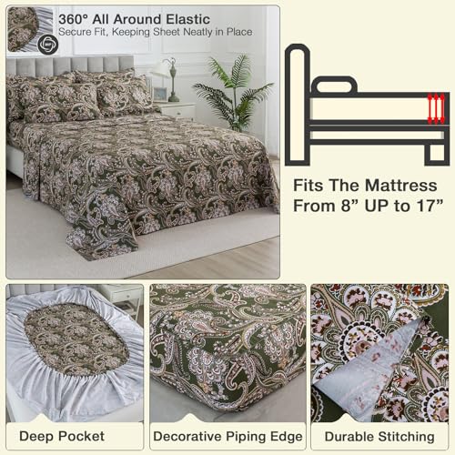 Image of Vintage Paisley Floral Green Percale Sheets, California King 100% Cotton Deep Pocket Boho Toile Bed Sheets, Soft Crisp Flower Print Farmhouse Sheet Set, Shabby Chic Designer Bedding, 4Pcs