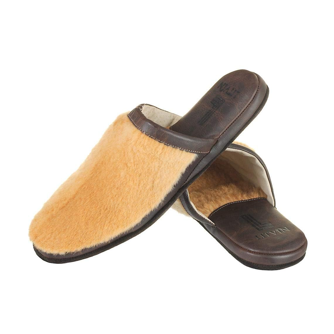 Slippers for men leather slippers nutria fur yellow slippers