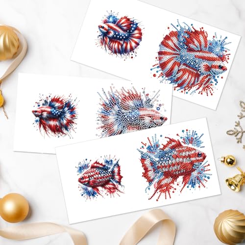 Image of 6-Piece 5D Diamond Art Greeting Card Kit with Envelopes, USA Independence Day Goldfish Design, DIY Special Shape Diamond Painting Greeting Cards for Adults, Handmade Card Craft Holiday Gift, 30x15cm