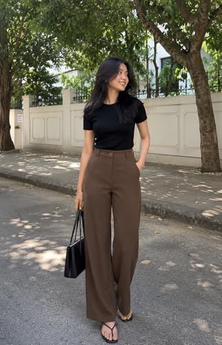 Image of Korean Pants for Woman | High Waist Wide Leg Trouser | Formal Office Casual Wear | Zero See-Through Semi-Stretchable Fabric