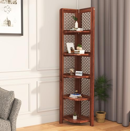 Image of Sheesham Wood Brick Corner Shelf for Living Room Bedroom Home | CNC 5 Tier Corner Bookshelf | Wooden Ladder Bookcase Display Unit (Honey Finish)