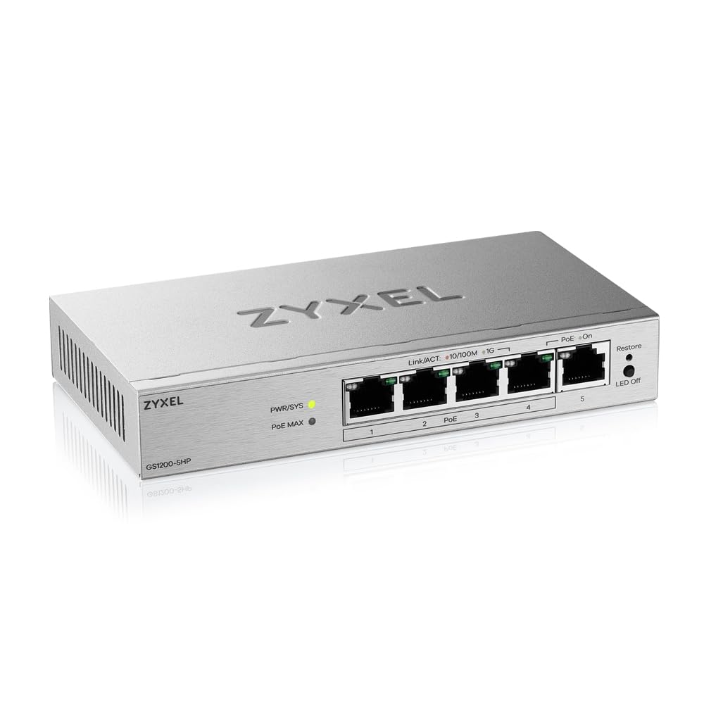Zyxel PoE Switch 5 Port | Web Managed Gigabit Netzwerk Switch | 4X PoE+ Ports mit 68W Budget | QoS, Link Aggregation, VLAN, IGMP Snooping | Lüfterlos | Desktop [GS1200-5HPv3]