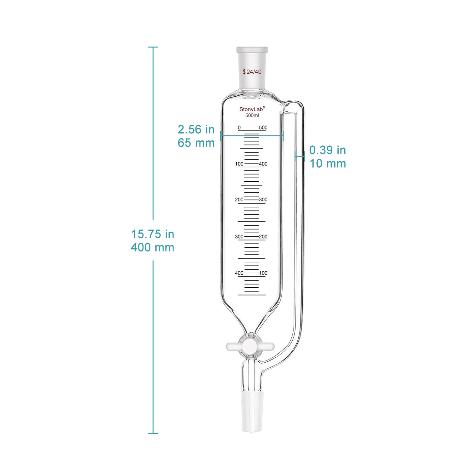 stonylab Embudo Graduado de Adición de Presión Graduado, Addition Funnel Dropping Funnel Embudo de Goteo de Vidrio de Borosilicato con Tapón PTFE para Laboratorio (24/40 Joint, 500 ml)