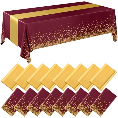 Image of Breling 16 Pack Burgundy and Gold Disposable Plastic Tablecloths and Satin Table Runner Set, 54 x 108 Inch Tablecloth, 12 x 108 Inch Table Runners for Wedding Graduation Birthday Baby Shower