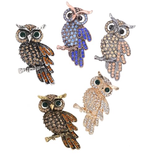 Set of 5 Pieces Cute Animal Theme Multicolor Crystal Owl Pin Brooches Rhinestones Decoration for Daily Dress Wedding Party