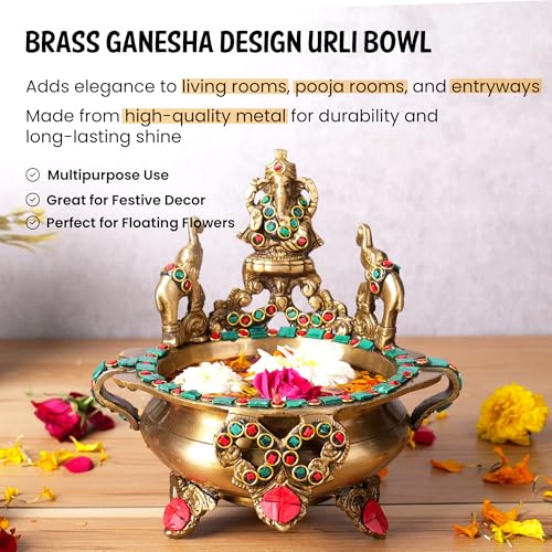 Image of Niyara Handmade Earthenware Clay Decorative Bowl, Urli, Flower Pot (Ganesha Design Golden with Green)