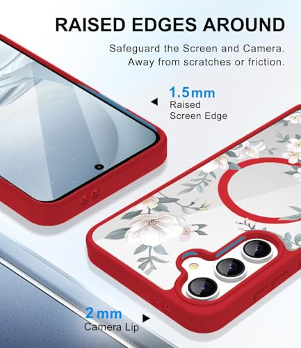 Image of VONZEE Compatible with Samsung Galaxy S25 Plus 5G Case Luxury Retro Flowers Floral Clear for Magnetic Wireless Charging Clear Case Shockproof PC+TPU Cute Glossy Shiny Cover for Girls Women, Red