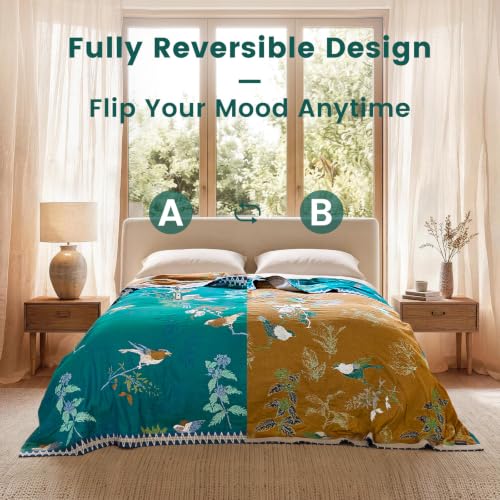 Image of MSGKV Boho Throw Blanket 50 inchx60 inch Aviary Botanical Cotton Throw Blanket