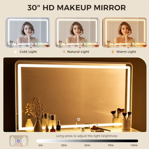 Image of COMHOMA Small Vanity Desk with Mirror and Lights, Girls Bedroom Vanity Set