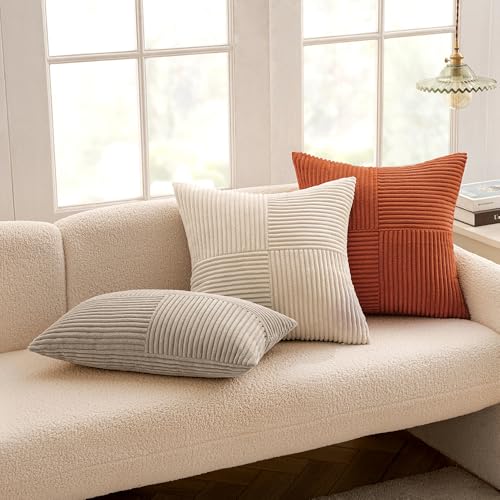 Image of MIULEE Taupe Decorative Throw Pillow Covers 20x20 Inch for Couch Bed Sofa Pack of 2 Light Brown Neutral Boho Farmhouse Throw Pillows Soft Cross Corduroy Patchwork Textured Tan Cushion Cases