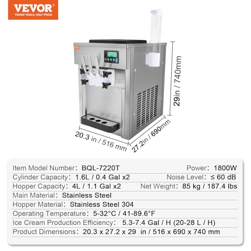 VEVOR Kommerzielle Eismaschine, 1800 W, 3-Geschmacksrichtungen, Softeismaschine Arbeitsplatte, 2 x 4 L Trichter, 2 x 1,8 L Zylinder, LCD-Bildschirm, Automatische Reinigung, Vorkühlung – Bild 8