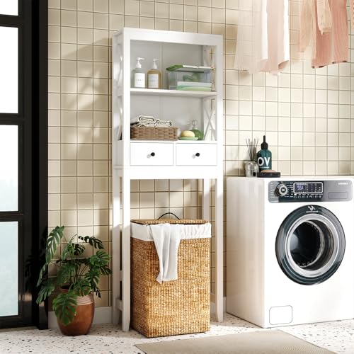 COSTWAY Estante de Almacenamiento sobre Inodoro, Organizador de Baño Independiente con Estantes Abiertos, Cajones y Barra Inferior Ajustable, 60 x 20,5 x 165 cm, Blanco - imagen 9