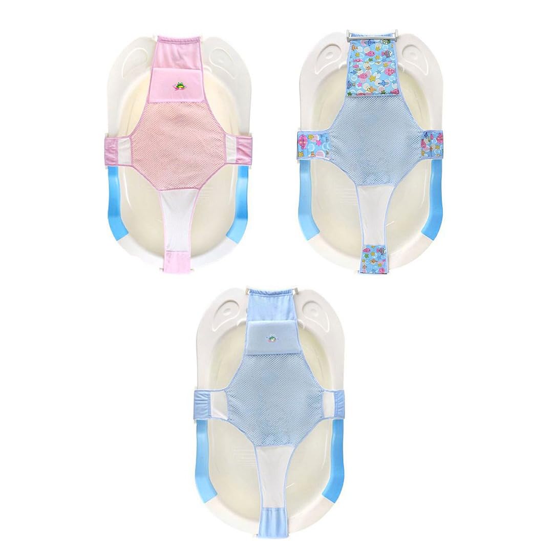 Baby Bath Seat Infant Bathing Support Mat Carried with 4 Adjustable Safety Support Clip, Non- Slip Net, Comfortable Baby Shower Support Bathtub Sit Up Mesh for New-Born (Blue)