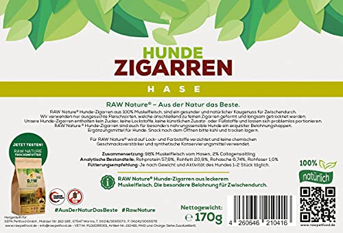 RAW Nature Hunde-Zigarre Hase PUR 7-Stück - 100% natürliches Hundesnack - Monoprotein - hypoallergen & getreidefrei - luftgetrocknetes Kaninchenfleisch - Dörrfleisch - hochwertiges Muskelfleisch