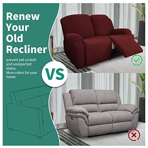 Image of YEMYHOM 6 Pieces Stretch Loveseat Recliner Slipcover Jacquard Recliner Sofa Cover with Side Pocket Fitted Recliner Cover Couch Furniture Protector with Elastic Bottom (Loveseat Recliner, Wine Red)