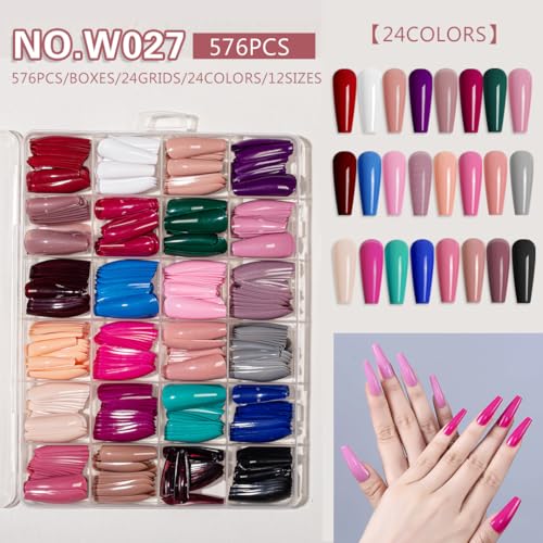 Image of 24 Colors Press on Nails Long Coffin Fake Nails Pure Color Glossy Full Cover Solid Color Stick on Nail for Women Manicure 576Pcs