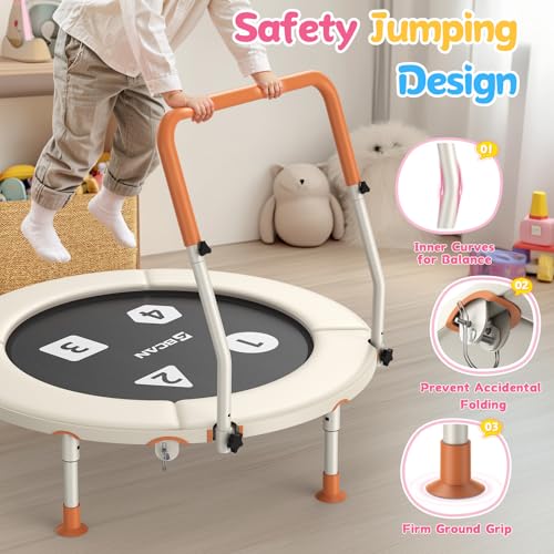 BCAN BT1 36'' Toddler Trampoline, ASTM Certified-Foldable Mini Trampolines for Kids Ages 1-6, Adjustable Handle, Safety Pad & Foldable Legs, Baby Trampoline Indoor/Garden, Gift for Boy and Girl, Beige - image 2