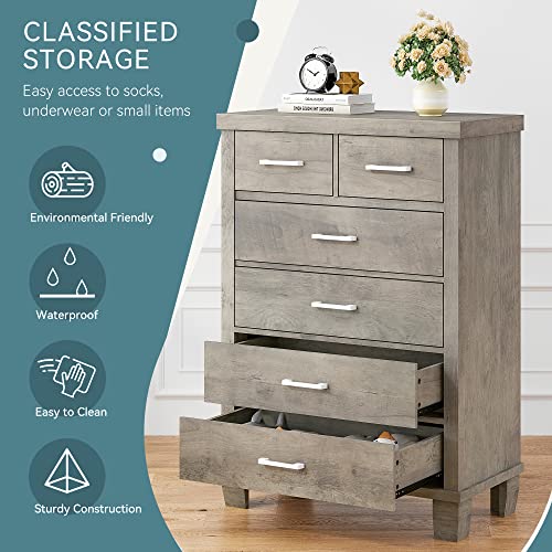 GAOMON Dresser for Bedroom with 6 Drawers, 45" Tall Grey Chests of Drawers with Storage, Large Drawer Dresser for Closet, Wooden Storage Cabinet for Entryway