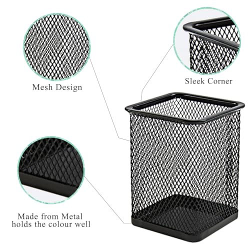 DARUITE Pen Pot, 2PCS Square Metal Mesh Pen Holer for Desk Multifunctional Pencil Pot, Desk Tidy Organiser for Office Home School Black - Image 4