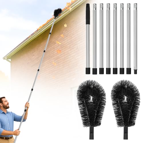 10.5FT Gutter Cleaning Brush with Adjustable Pole - No Ladder, Professional Long Reach Gutter Brush with Replaceable Brush for Removing Leaves and Trash from Roof Gutters