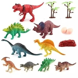 Okean Pack of Dinosaur Toy Figures Set 7 Realistic Solid Dinosaurs Figures and 2 Trees, 2 Eggs, 1 Stone for Toddlers & Kids - Random Deisgn