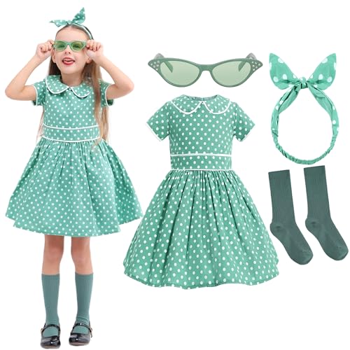 Leadtex Girls Vintage Audrey Roakabilly Dress 1950s Retro Party A-Line Cotton Dress with Headband Socks Glasses(Green no petticoat 9-10 years)