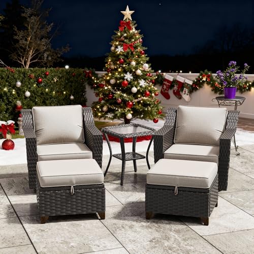Image of 5 Pieces Patio Conversation Furniture Set - Swivel Chairs with Ottomans Set of 2, 1 Side Table, Outdoor Wicker Furniture Set with Washable Cushions for Porch, Balcony, Sunroom (Beige) | Patio Chair Set with Olefin Removable Cushion, All-Weather Glider Swivel Chair Set with Deep Seat for Porch, Deck, Beige