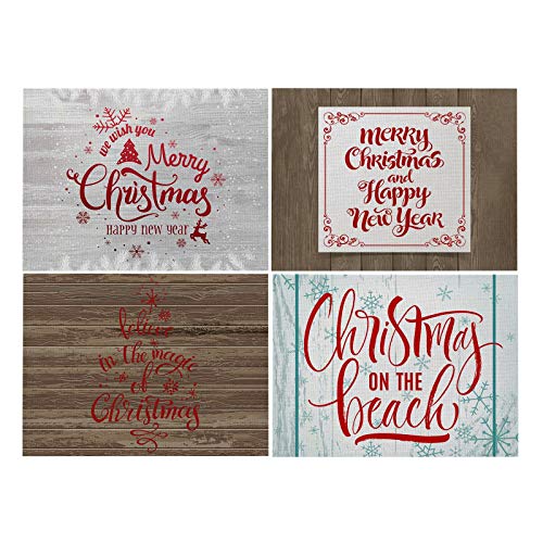 AMDXD Manteles Individuales de Mesa de 4, Copos de Nieve Merry Christmas & Happy New Year Tapetes para Mesa de Cocina, Algodon Lino, 42x32cm, Rojo Gris Marrón