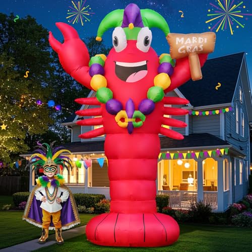 DomKom 12FT Mardi Gras Inflatable Lobster Crawfish, Giant Jumbo Crawfish Crayfish with Beads Jester Hat and Fleur De Lis Blow Up Decorations, Built-in LEDs for Party, Garden, Lawn, Yard, Patio Décor