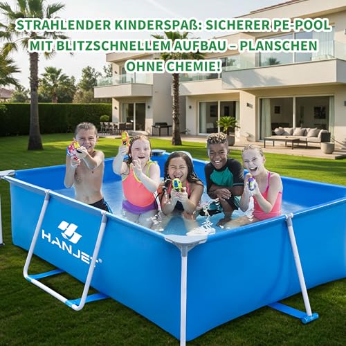 Hanjet Steel Frame Pool Set PE Rahmenpool Schwimmbecken (Kein PVC) – Aufstellpool Gartenpool Sommer Swimmingpool Stahlrahmenpool Planschbecken für Außenbereich Hinterhof, eckig, Blau (300x200x75cm)