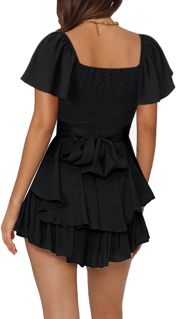 Rooscier Women's Jumpsuit Short Sleeve Ruffle Layer Square Neck Tie Mini Short Rompers - Image 2