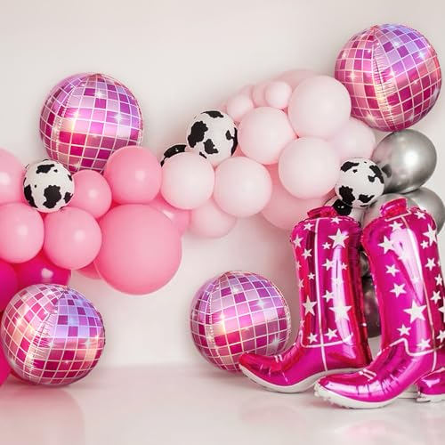 Image of Pink Disco Ball Balloons Cowgirl Birthday Party Decorations Last Disco Bachelorette Party Supplies 4D Disco Balloons (Set of 4)