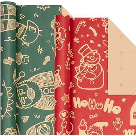 Rancco Christmas Wrapping Paper Roll w/24 Pc Gift Tags, Red and Green Kraft Paper w/Santa Claus/Merry Christmas Lettering Design, Xmas Wrapping Paper for Holiday, New Year, 17 in x 10 ft per Roll Cover