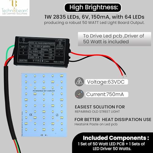 Image of Technobeam 50W LED Plate with Driver for Street Light Repair | Aluminum PCB 1.5mm | 6V 150mA LED Segments | 63V 750mA Driver Included | Durable | Ideal for Street Light Refurbishment, White, Pack of 1