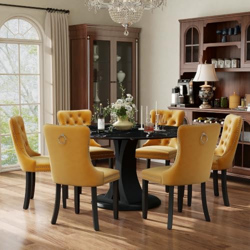 Image of 7-Piece Dining Table Set for 6 with 47 In Black Faux Marble Round Table | Circle Dining Room Table with 6 Velvet Upholstered Chairs, Modern Scandinavian Furniture for Dining Room Kitchen (Yellow)