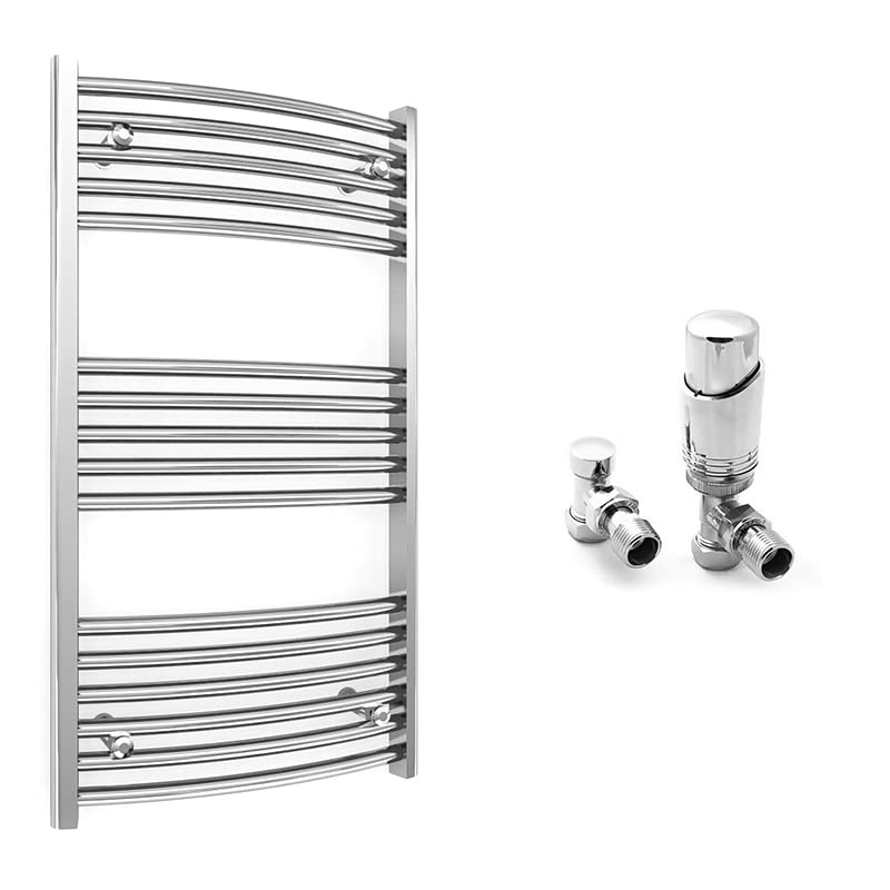 600mm Wide Curved Chrome Heated Bathroom Towel Rail Radiator With Valves For Central Heating UK (With TRV Angled Valves, 600 x 900 mm (h))