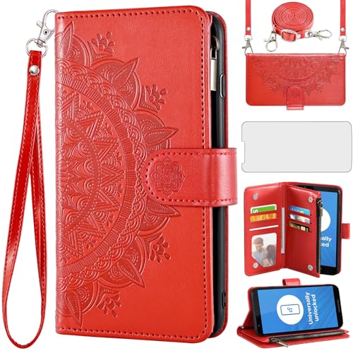 Asuwish Phone Case for Moto E6 Wallet Cell Cover with Screen Protector Lanyard Wrist Strap Mandala Flower Zipper Card Holder Motorola MotoE6 E 6th Generation Gen Moto6E 6 6E XT2005-5 Women Girls Red