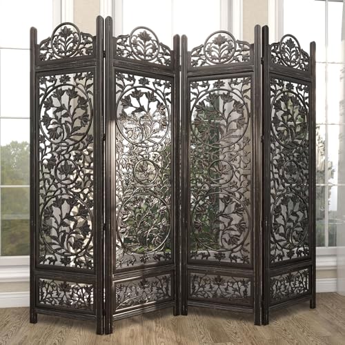 Image of Classic Wood and Craft Wooden Room Divider Partition for Living Room, Privacy Partition, Partition Wall, Divider for Makeup Studio /Office (4 Panels - Lotus Frame Design)
