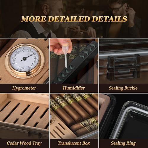 Image of Acrylic Cigar Humidor, Clear Cigar Box with Hygrometer, Humidifier and Cedar Wood Tray, Desktop Cigar Case Can Hold About 20-30 Cigars (Grey)