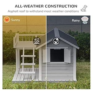 PawHut Wooden Dog House Outdoor with Porch, Cabin Style Raised Pet House with Ladder Balcony Water-Resistant Asphalt Roof, for Medium and Large Dogs